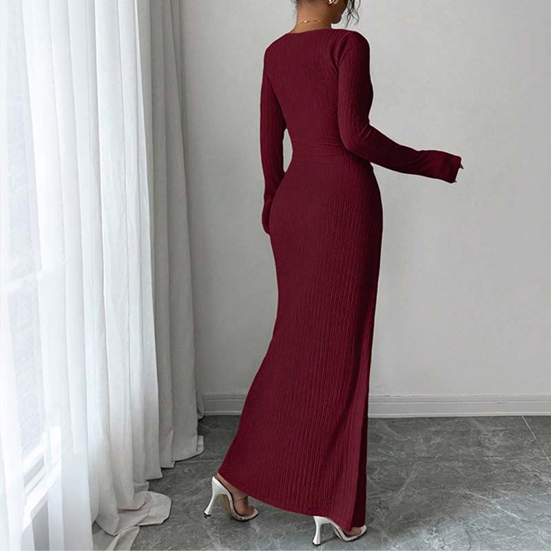 Elegant Buckle Detail Split Thigh Bodycon Dress