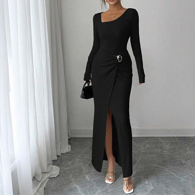 Elegant Buckle Detail Split Thigh Bodycon Dress