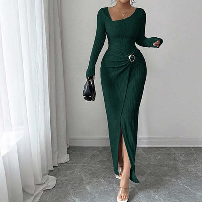 Elegant Buckle Detail Split Thigh Bodycon Dress
