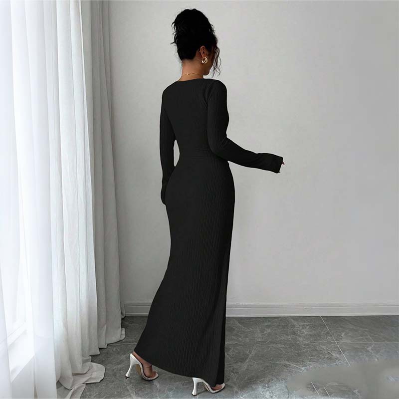 Elegant Buckle Detail Split Thigh Bodycon Dress