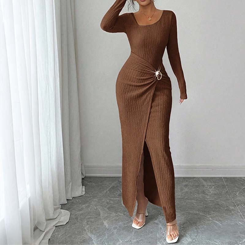 Elegant Buckle Detail Split Thigh Bodycon Dress