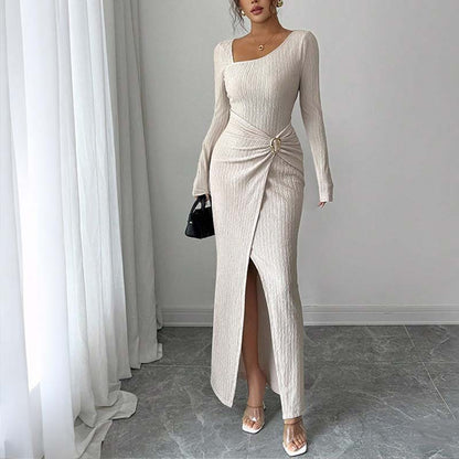 Elegant Buckle Detail Split Thigh Bodycon Dress