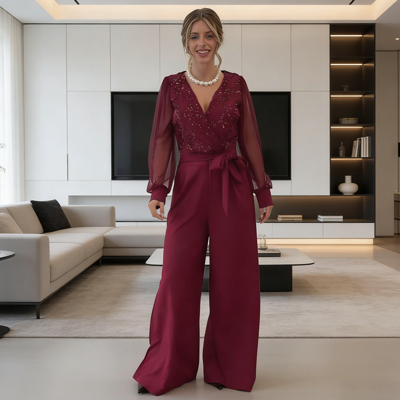 Women's Long Sleeve V-Neck Sequin Jumpsuit