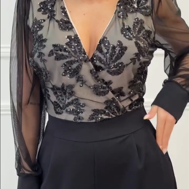 Women's Long Sleeve V-Neck Sequin Jumpsuit