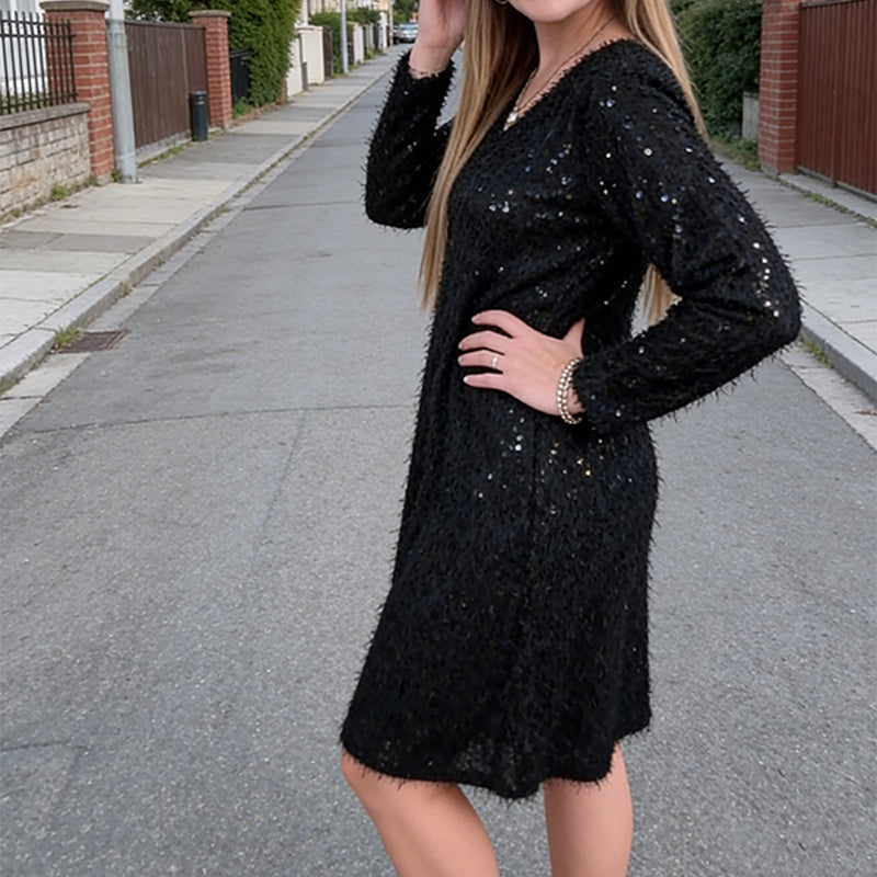 Sparkling V-Neck Fuzzy Mini Dress