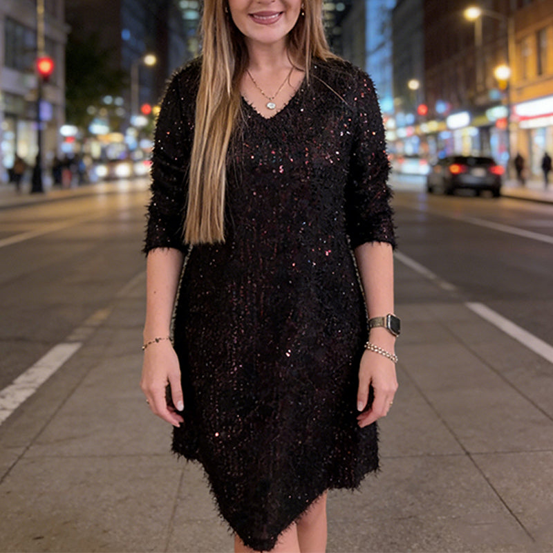 Sparkling V-Neck Fuzzy Mini Dress