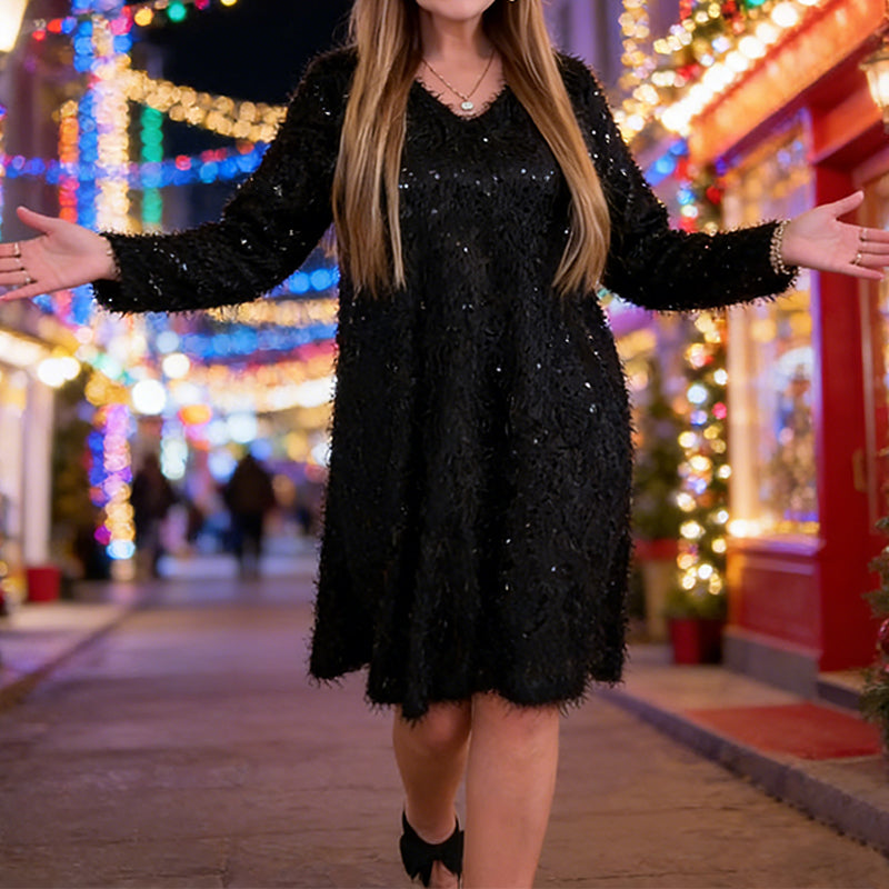 Sparkling V-Neck Fuzzy Mini Dress
