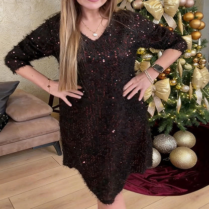 Sparkling V-Neck Fuzzy Mini Dress