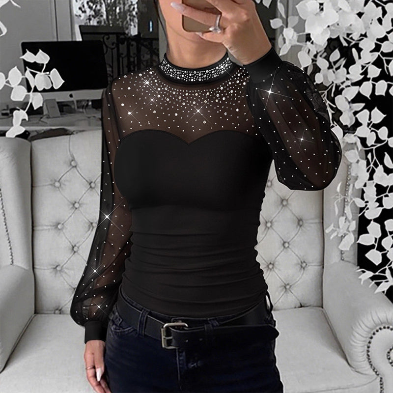 Women’s Stunning Mesh Rhinestone Long Sleeve Top