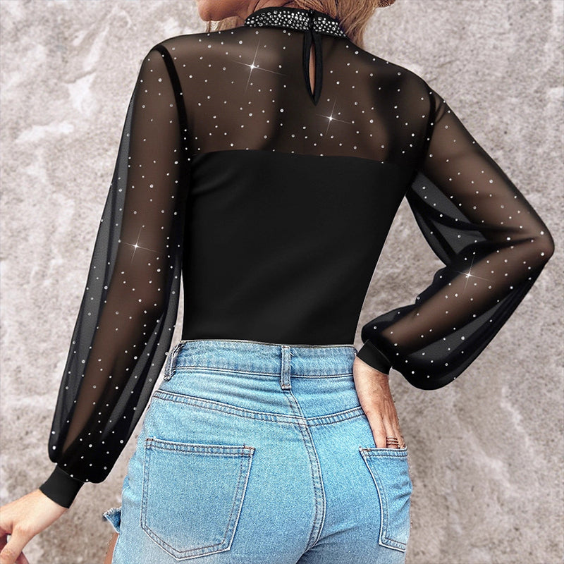 Women’s Stunning Mesh Rhinestone Long Sleeve Top