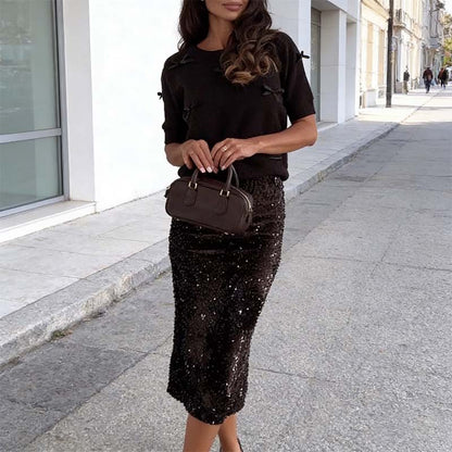 Elegant Bow-Detail Top & Sequin Skirt Set