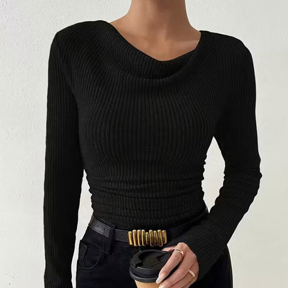 Women's Draped Neck Ruched Long-Sleeve Knit Tops