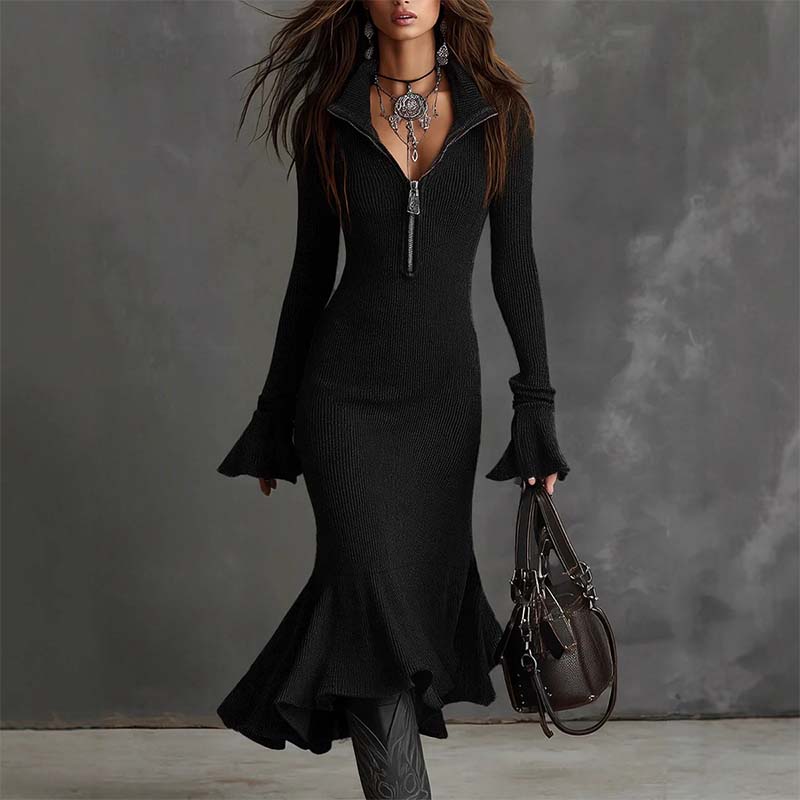 Women's Zipper Lapel Flare Sleeve Knit Fishtail Dress