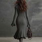 Women's Zipper Lapel Flare Sleeve Knit Fishtail Dress