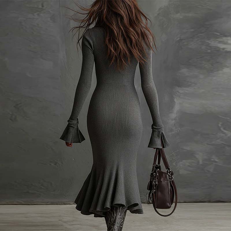 Women's Zipper Lapel Flare Sleeve Knit Fishtail Dress