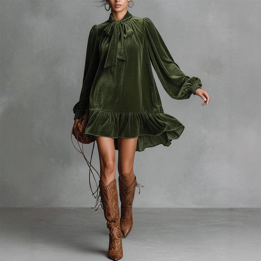 Women's Velvet Tie-Neck Dress with Ruffle Hem