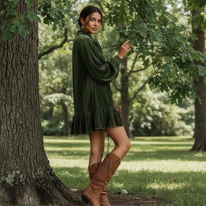 Women's Velvet Tie-Neck Dress with Ruffle Hem