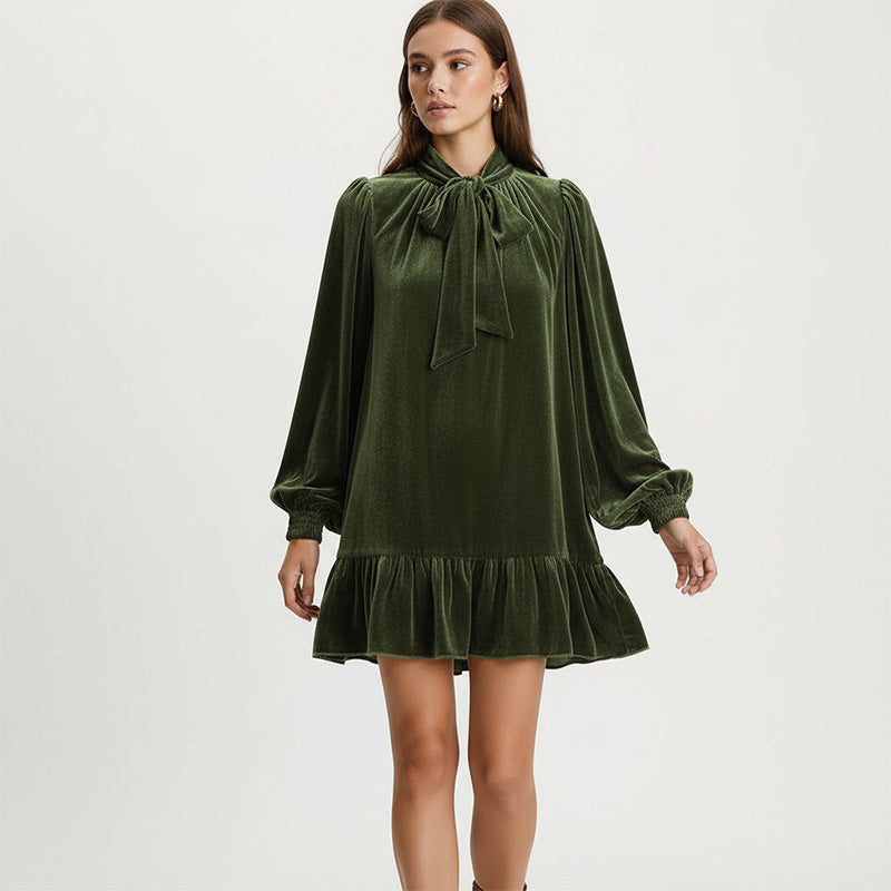 Women's Velvet Tie-Neck Dress with Ruffle Hem