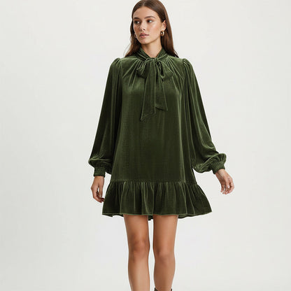 Women's Velvet Tie-Neck Dress with Ruffle Hem