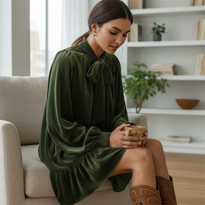 Women's Velvet Tie-Neck Dress with Ruffle Hem