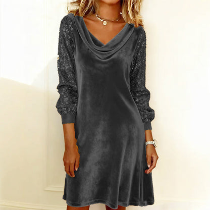 Women's Elegant Draped Neck Sequin Sleeve Dress
