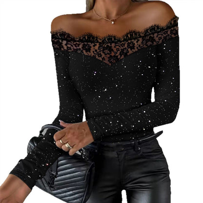 Women's Lace Off The Shoulder Glitter Long Sleeve Top