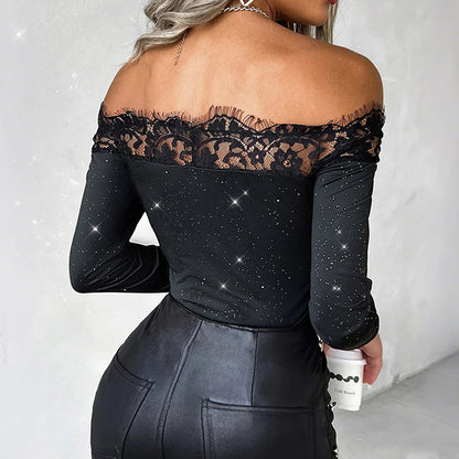 Women's Lace Off The Shoulder Glitter Long Sleeve Top