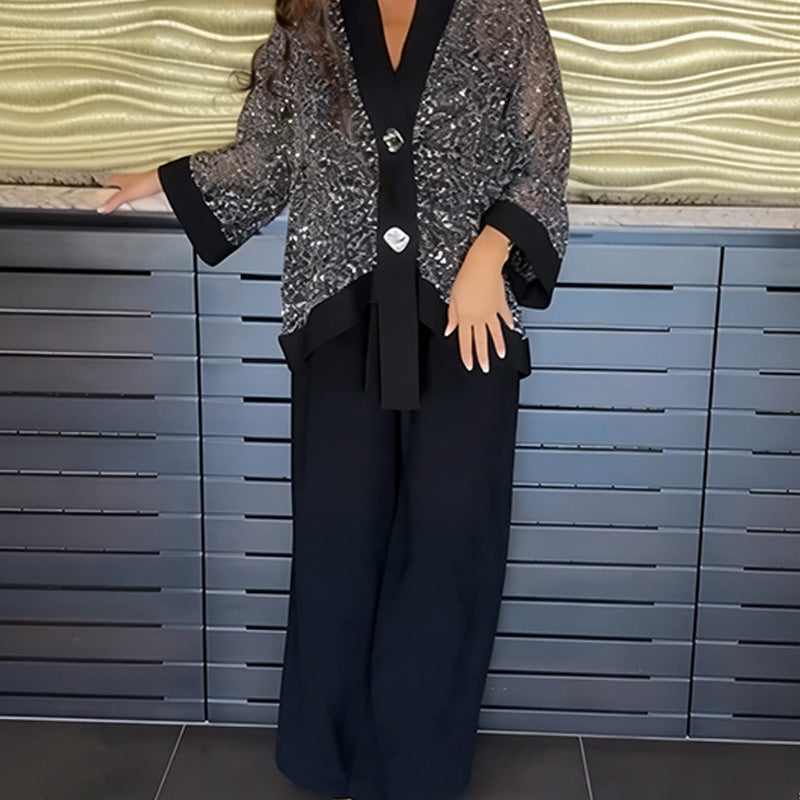 Women's V-Neck Sequin Cardigan & Wide-Leg Pants 2-Piece Set