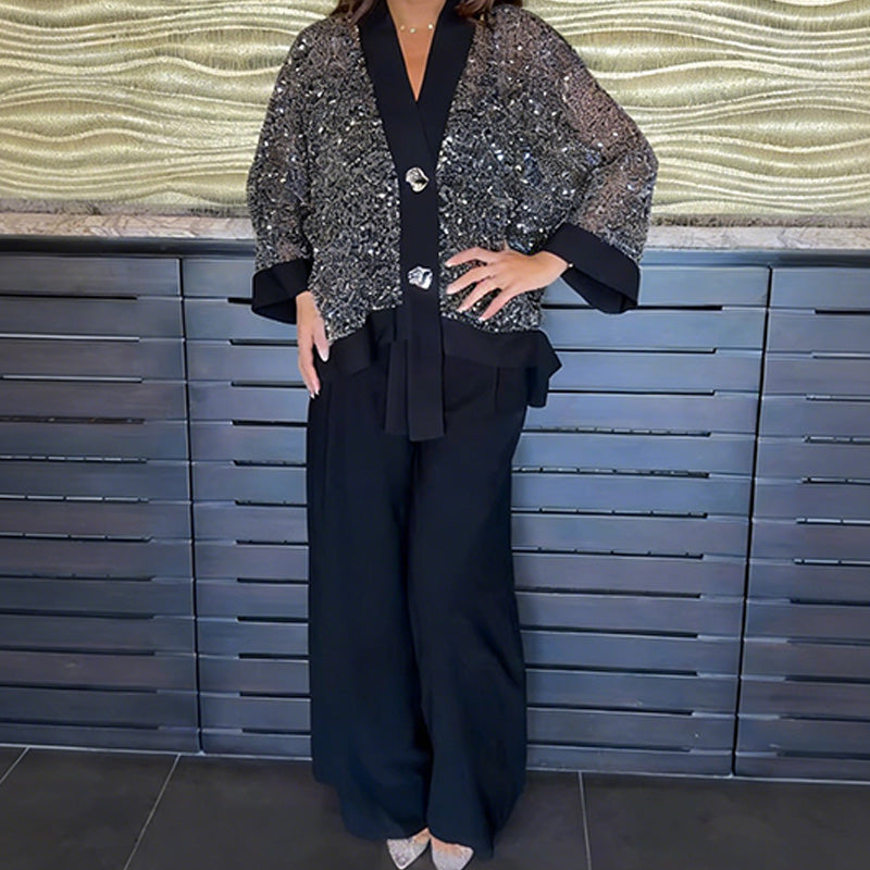 Women's V-Neck Sequin Cardigan & Wide-Leg Pants 2-Piece Set