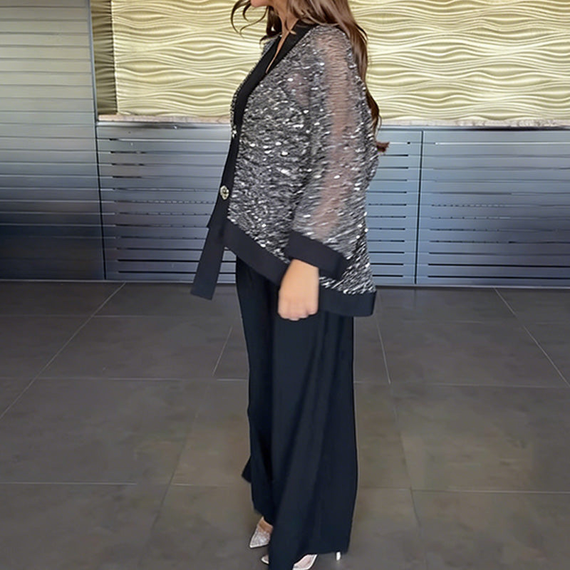 Women's V-Neck Sequin Cardigan & Wide-Leg Pants 2-Piece Set