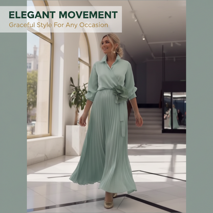 Elegant Pleated Maxi Dress with Floral Waist Detail