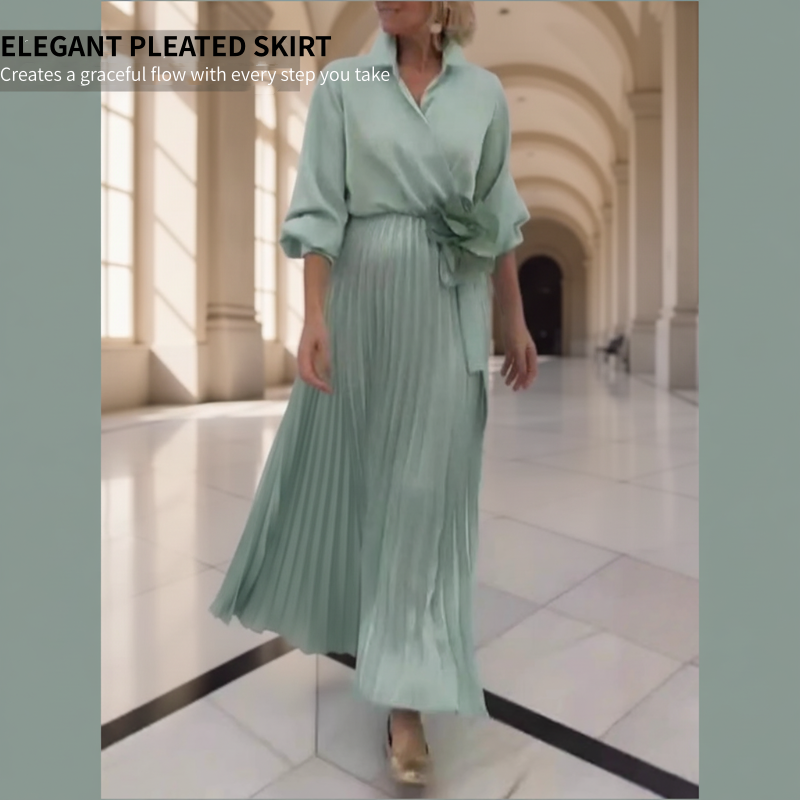 Elegant Pleated Maxi Dress with Floral Waist Detail