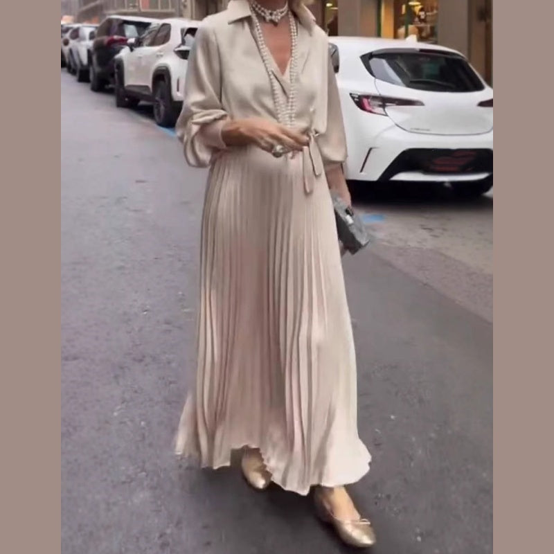 Elegant Pleated Maxi Dress with Floral Waist Detail