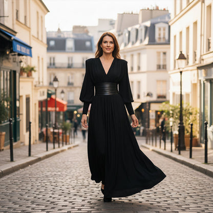 Women's Long Sleeve V-Neck Maxi Dress with Belt
