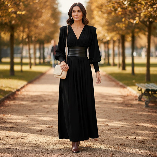 Women's Long Sleeve V-Neck Maxi Dress with Belt
