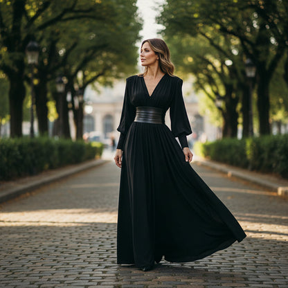 Women's Long Sleeve V-Neck Maxi Dress with Belt