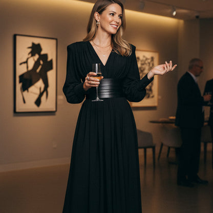 Women's Long Sleeve V-Neck Maxi Dress with Belt