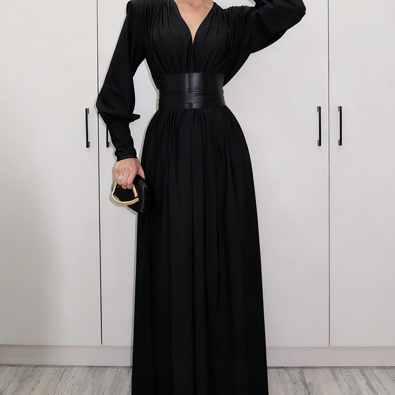 Women's Long Sleeve V-Neck Maxi Dress with Belt