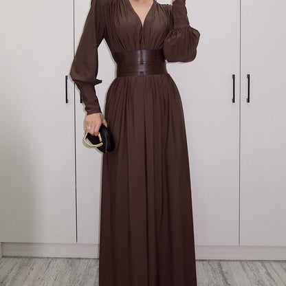 Women's Long Sleeve V-Neck Maxi Dress with Belt