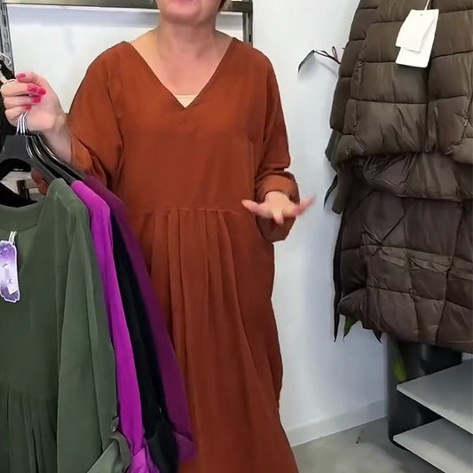Casual Loose V-Neck Pleated Tunic Dress