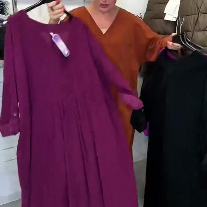 Casual Loose V-Neck Pleated Tunic Dress