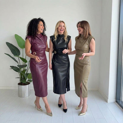 Women's Ruched Leather Midi Dress