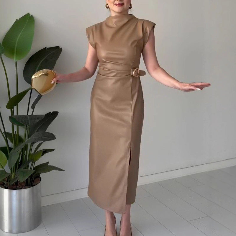 Women's Ruched Leather Midi Dress