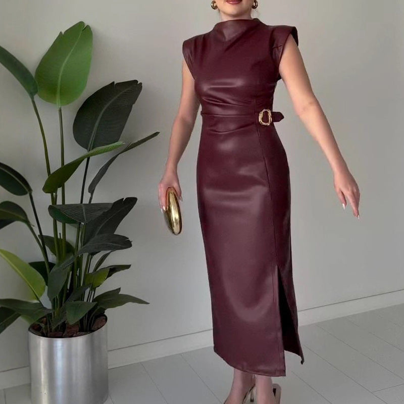 Women's Ruched Leather Midi Dress