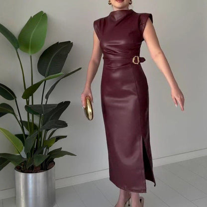 Women's Ruched Leather Midi Dress