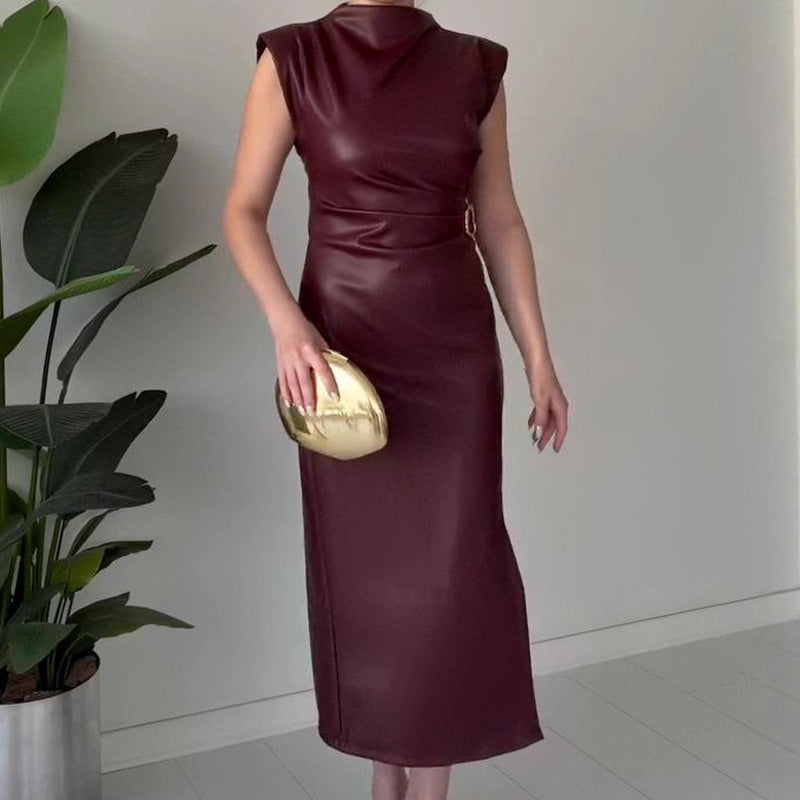 Women's Ruched Leather Midi Dress
