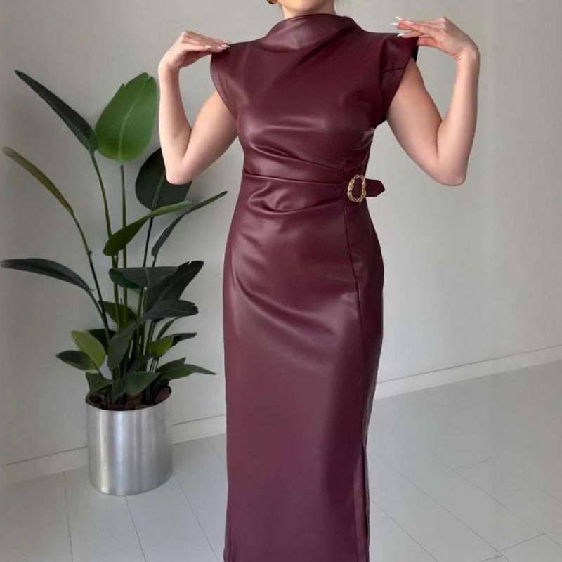 Women's Ruched Leather Midi Dress