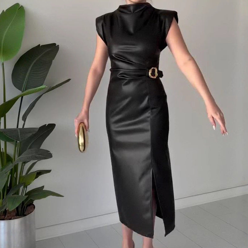 Women's Ruched Leather Midi Dress