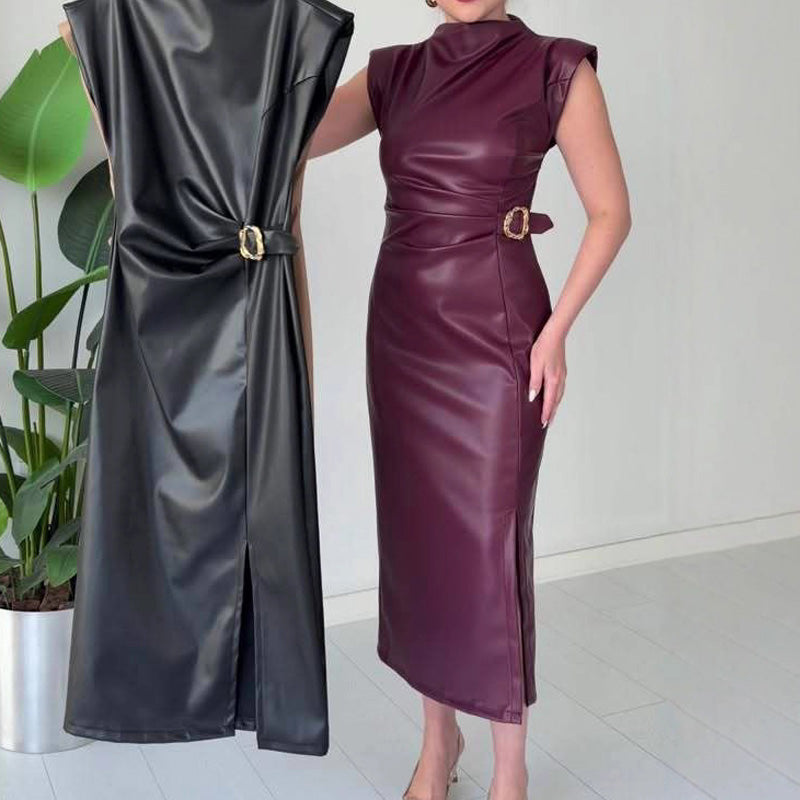 Women's Ruched Leather Midi Dress