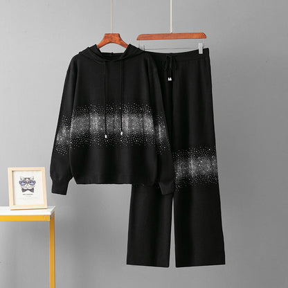 Women's Rhinestone Embellished Hoodie & Wide-Leg Pants Set